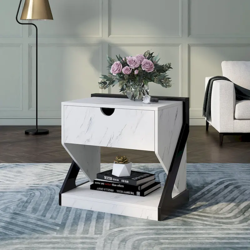 DH BASIC Modern White Faux Marble 1-Drawer Nightstand Side Table by Denhour