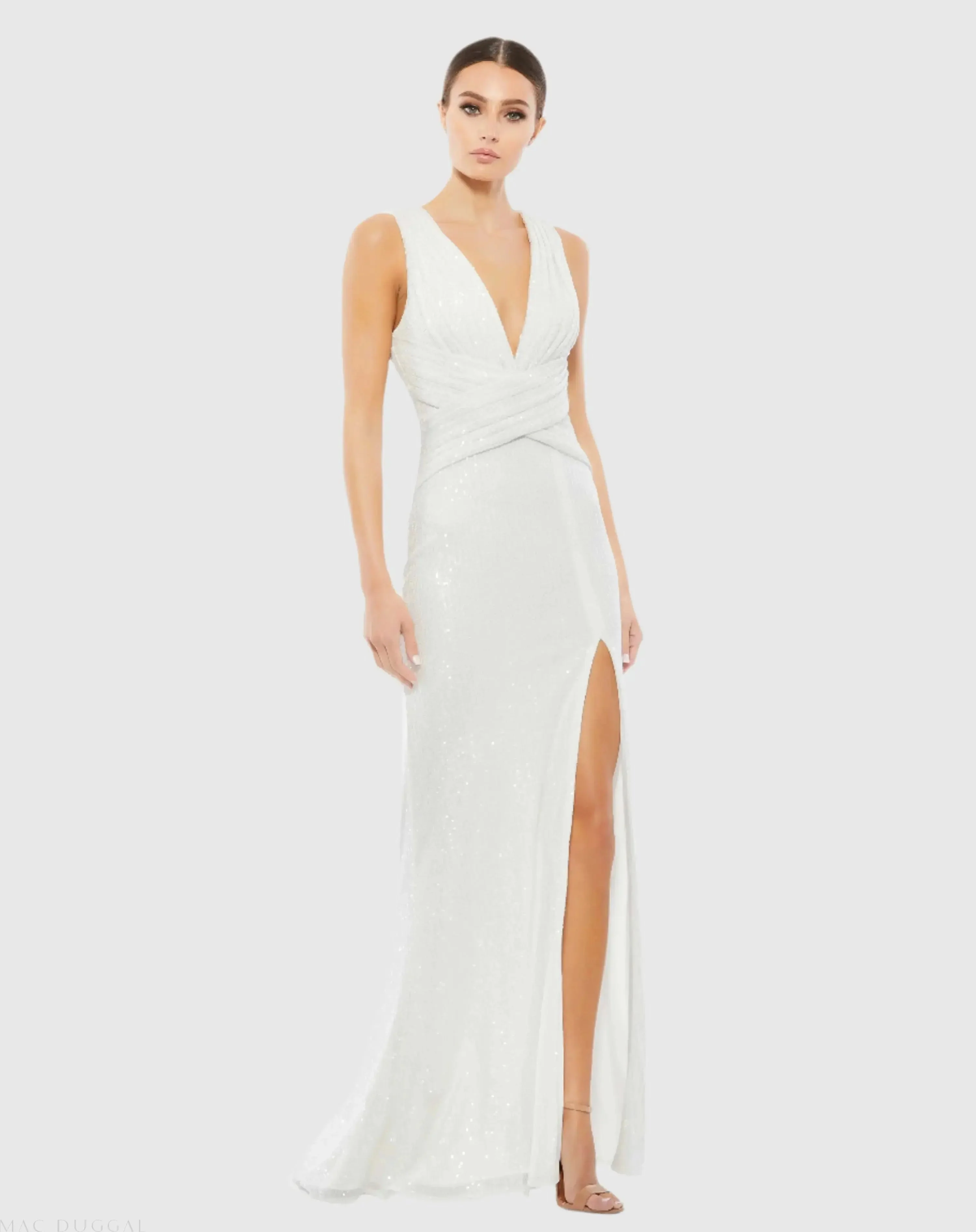 White V-Neck Sequin Wrap Waist Gown