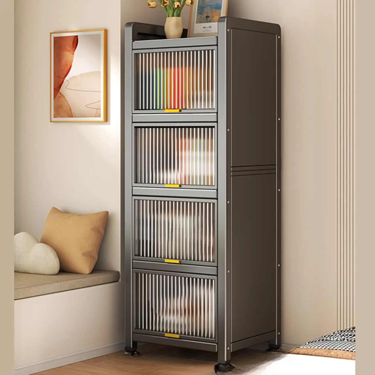 Flip-up Cover Modern Closed Back Metal 5-Shelf Bookcase