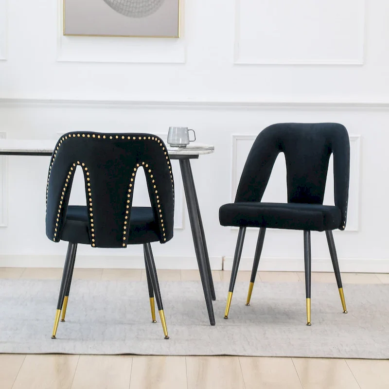 of 2 Velvet Upholstered Dining Chair with Nailheads and Metal Legs
