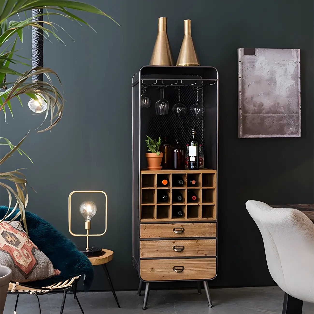 Industrial Brown Wood Wine Rack with Glass Holder and Drawers