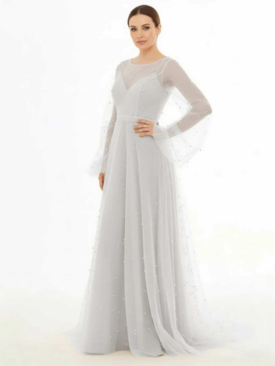 Simple Modest A-Line Long Sleeve Tulle Elopement Illusion Wedding Dress with Pearl
