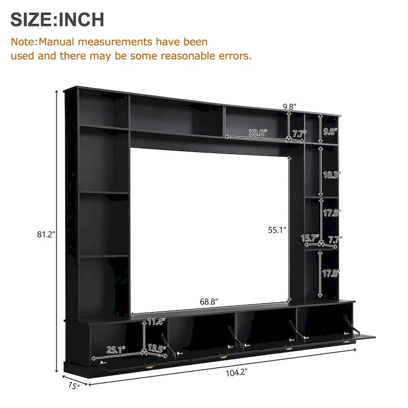 104.2 Wall Unit with TV Stand, Bookshelves, and Cabinets – Black