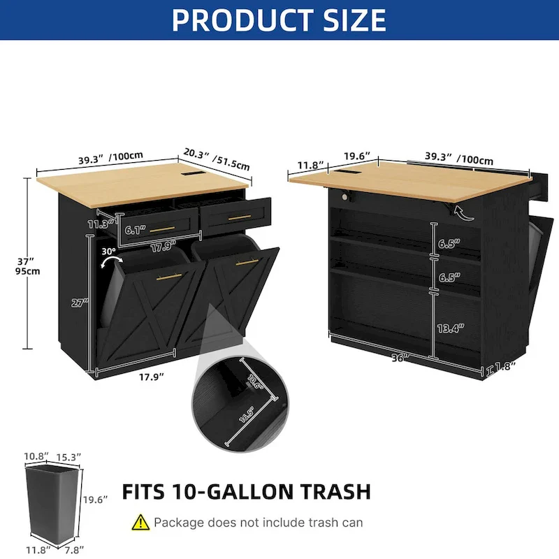 Moasis Kitchen Island Drop Leaf Double Tilt Out Trash Cabinet with Power Outlet & Wheels