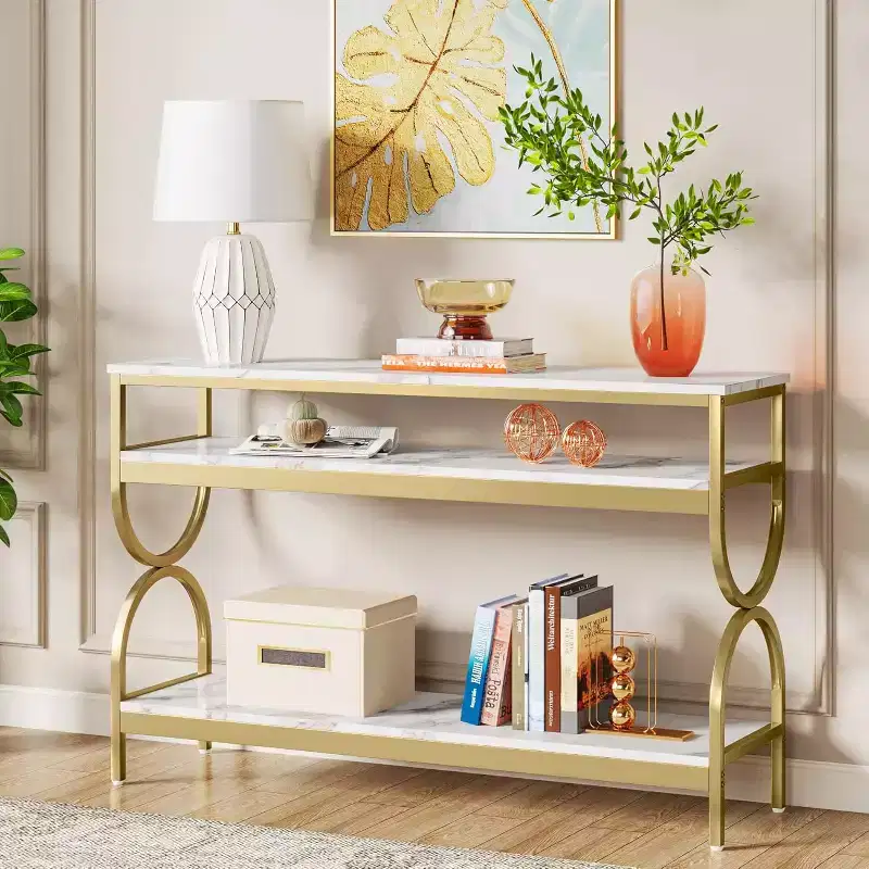 Lantine 55-Inch 3-Tier Console Table, Sofa Table with Open Shelves and Faux Marble Top for Entryway, Hallway, Living Room, White & Gold