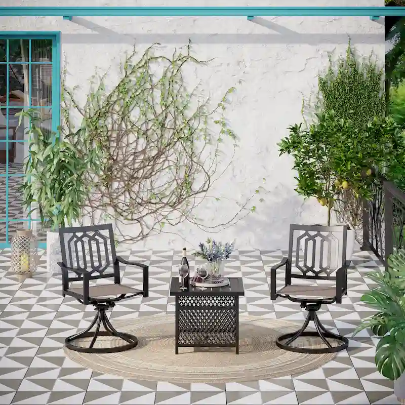 MAISON ARTS 3-Piece Patio Dining Set, 2 Textilene Metal Swivel Chairs and 1 x Wrought Iron Square Table with Umbrella Hole