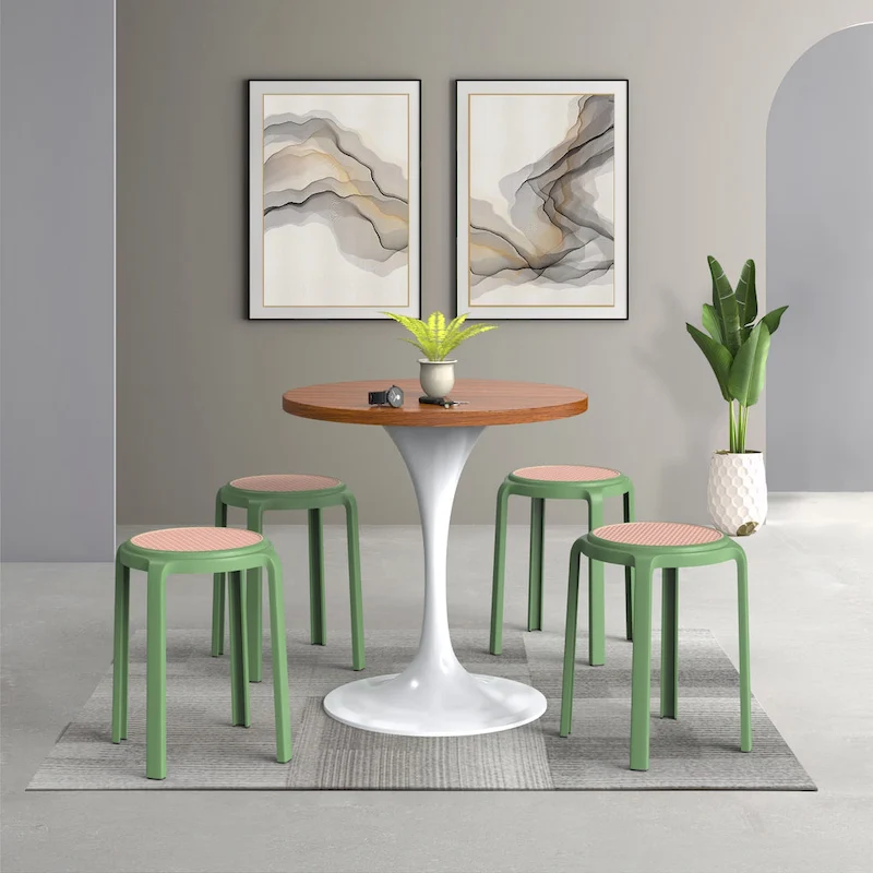 Round Plastic Dining Stool with Wicker Top Tresse Series by LeisureMod - 17.7 H x 13.4 W x 13.4 D
