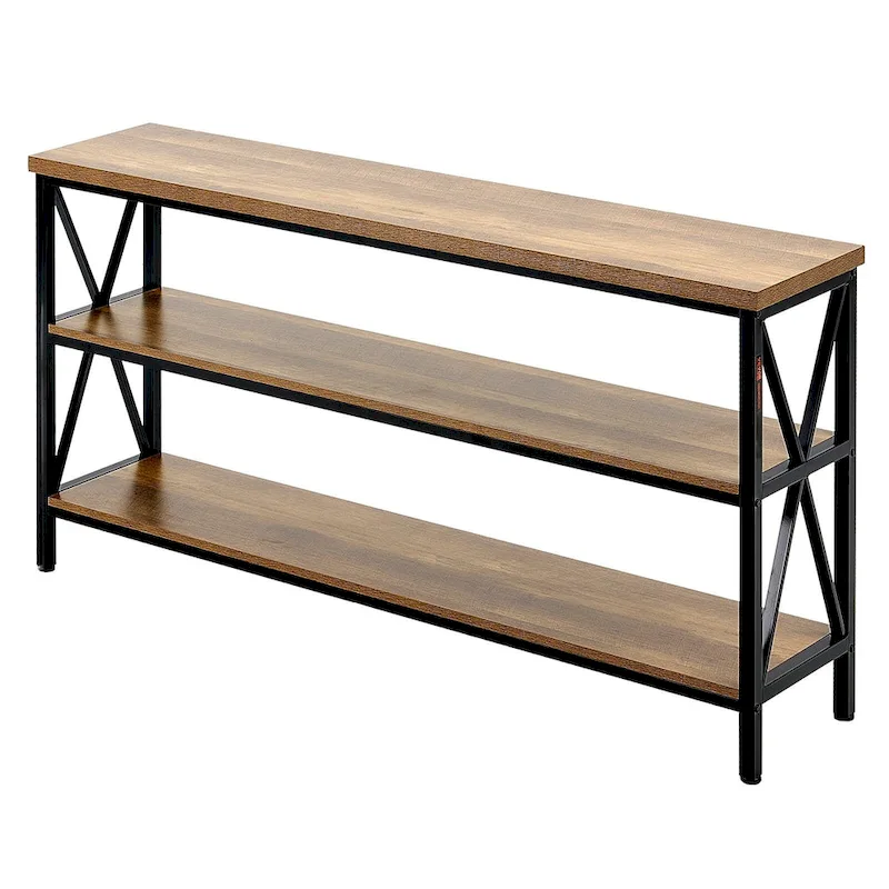 3-Tier Long Hallway Console Table — Brown & Black MDF with Metal Frame