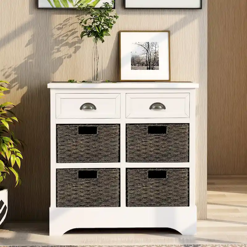 Solid Wood Storage Cabinet with Two Drawers and Four Rattan Basket No Assembly