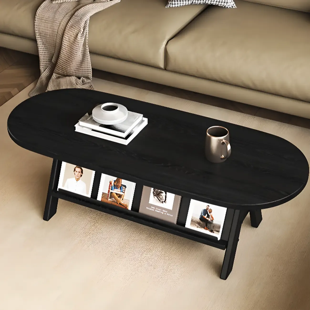 Classic Wooden Oval Coffee Table with Tilt Shelf