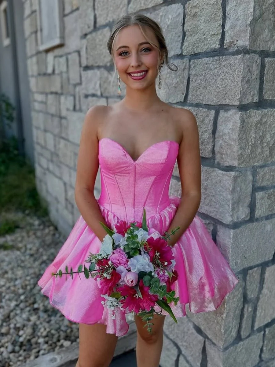 Pink - A-line Sweetheart Satin Short Homecoming Dresses