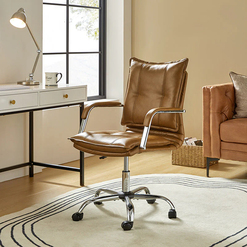 PU Leather Wingback Task Chair with Tufted Back, Padded Arms, Adjustable Height & 5-Caster Swivel Base | Brown / Grey / Black / Sage / Camel / White | Single Seat