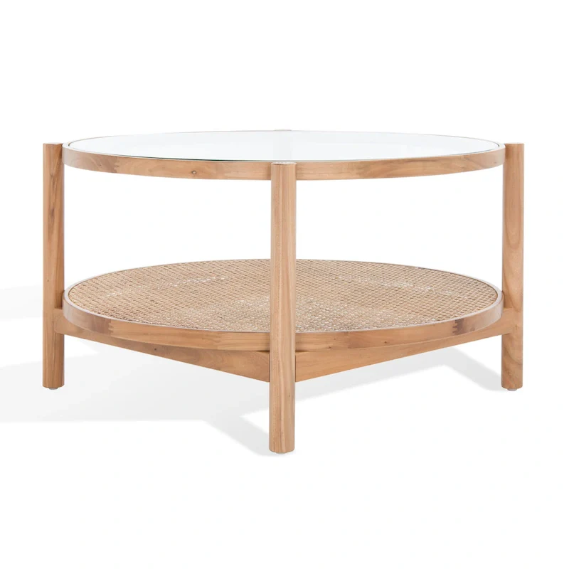 SAFAVIEH Couture Falak 2-Tier Rattan/Glass Coffee Table - 35 In. W x 35 In. D x 18 In. H - 35W x 35D x 18H