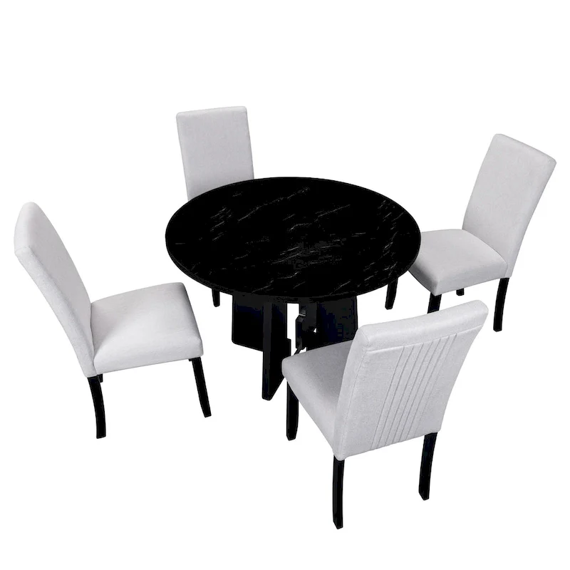 5 Pcs Wood Kitchen Table and Chair Set, 4 People Round Dining Table Set with Faux Marble Top and 4 Upholstered Chairs