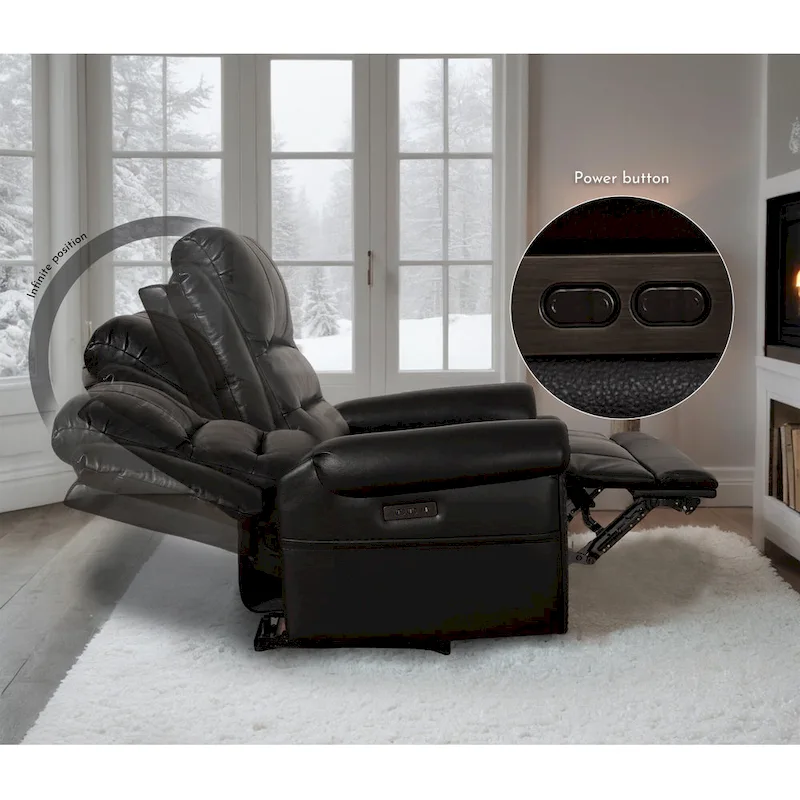 Genuine Leather Black Power Recliner Sofa, Loveseat, Recliner With Adjustable Headrest and Extendable Footrest