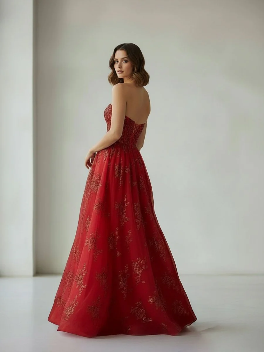 Red - A Line Strapless Pleating Long Prom Dress With Applique