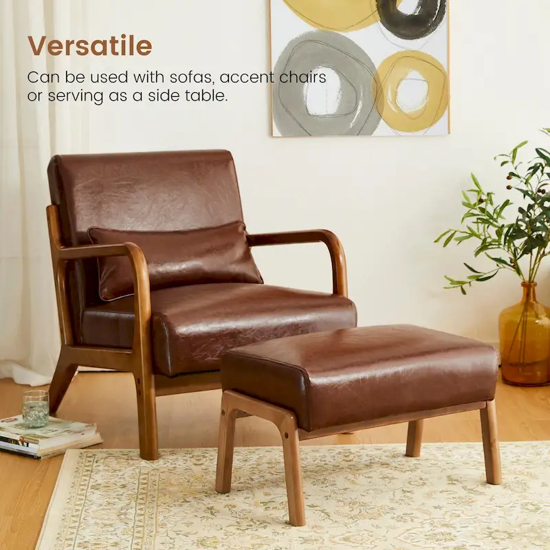 Brown Mid-Century Faux Leather Ottoman Accent Stool, Set of 2