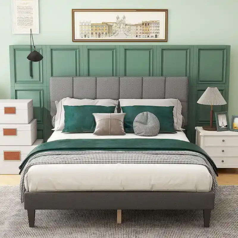 Linen Upholstered Platform Bed with Wooden Slats – Dark Grey / Light Grey, Modern Style