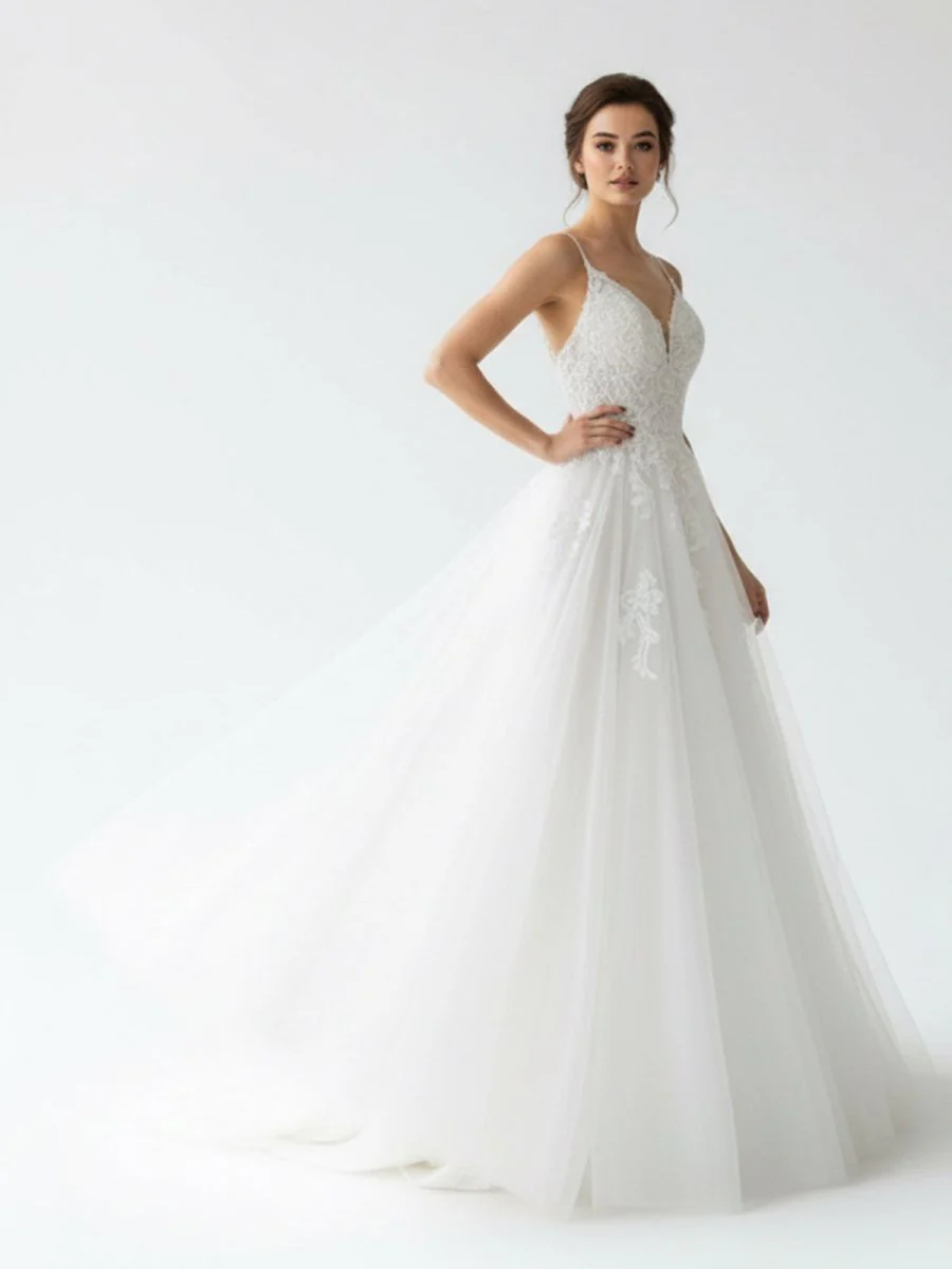 Spaghetti Straps White A Line Tulle Wedding Dresses with Lace Appliques
