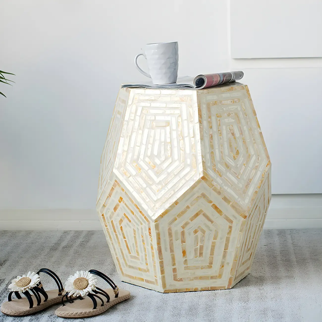 Tropical Mosaic Wooden Round Side Table