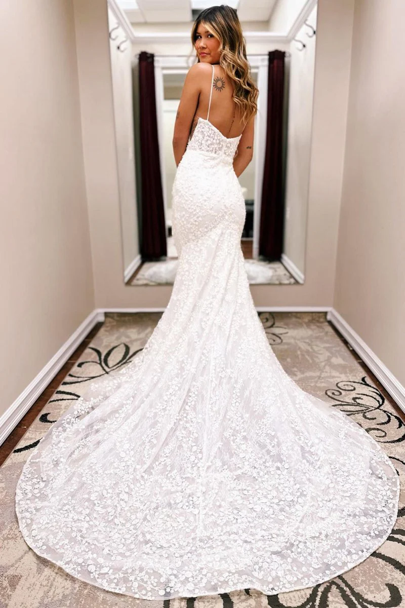 Ivory Spaghetti Straps Lace Mermaid Wedding Dress with Train