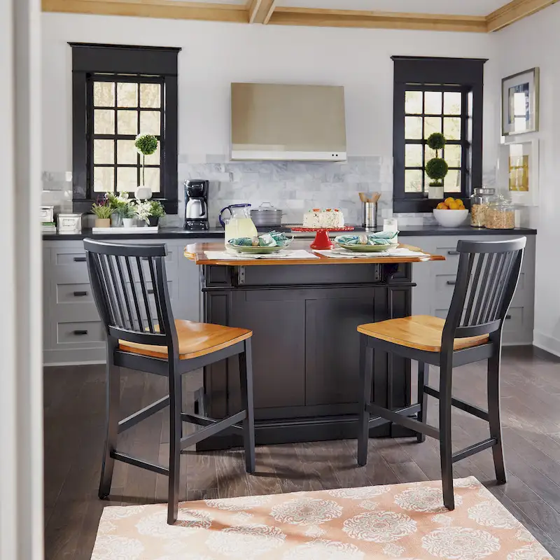 Black Kitchen Island Set with 2 Stools - Distressed Oak Top