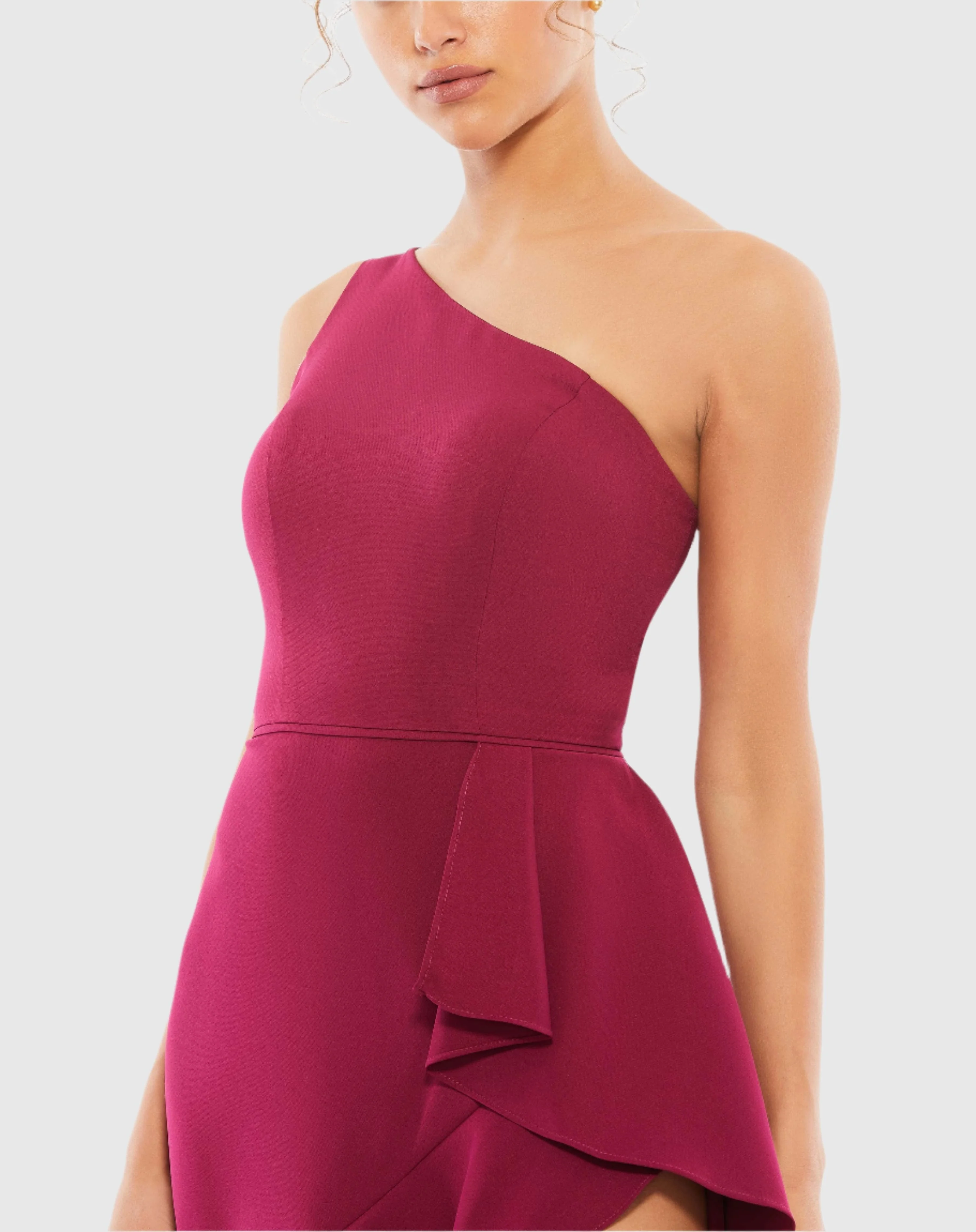 Purple One Shoulder High Slit Ruffle Gown