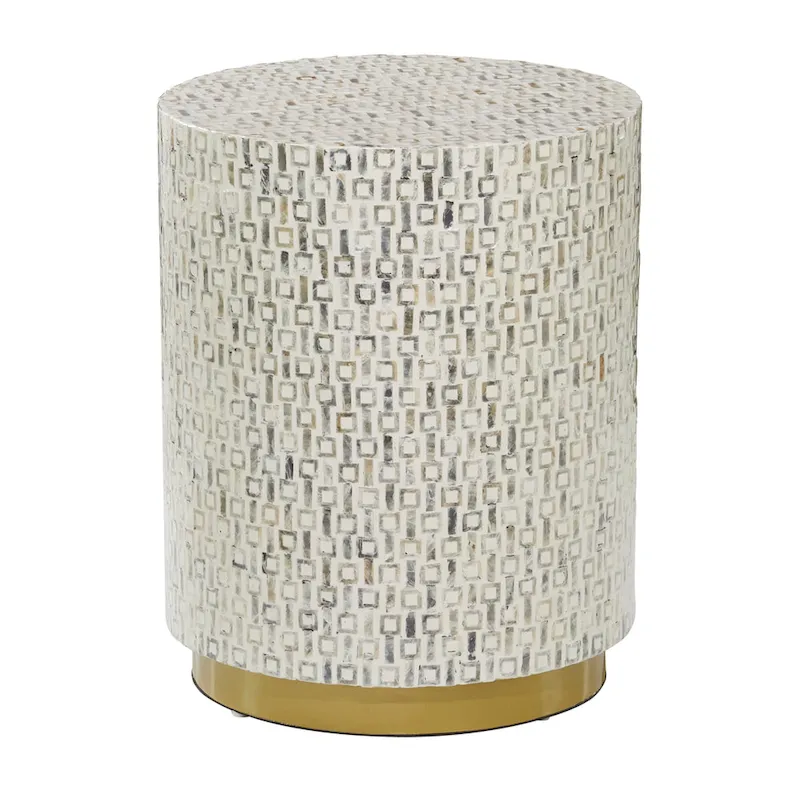 Mother of Pearl Shell Accent Table with Gold Base & Geometric Patterns – White, Gray or Black