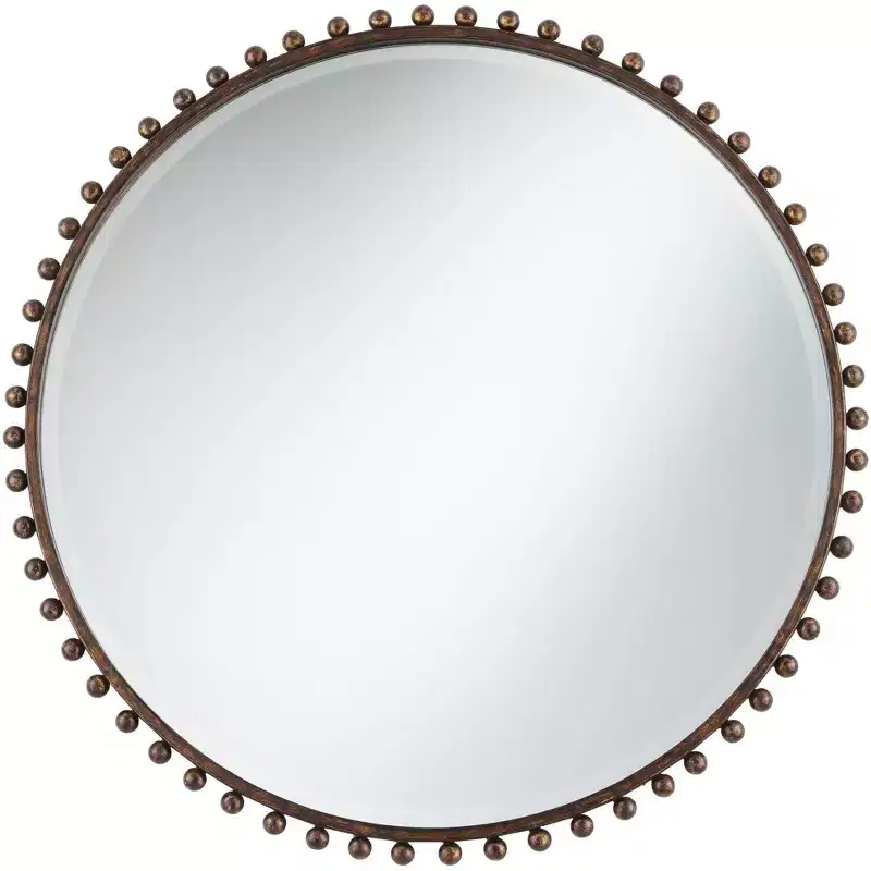 Uttermost Round Vanity Decorative Wall Mirror Rustic Beveled Glass Dark Bronze Beaded Iron Frame 32 Wide for Bathroom Living Room