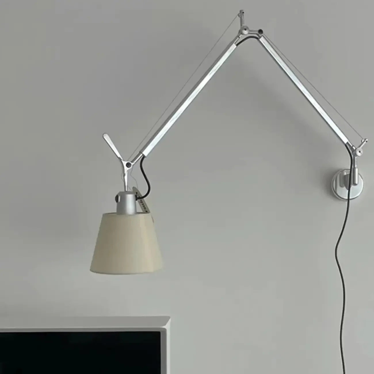 Modern Silver Swing Arm Wall Light with White Fabric Shade