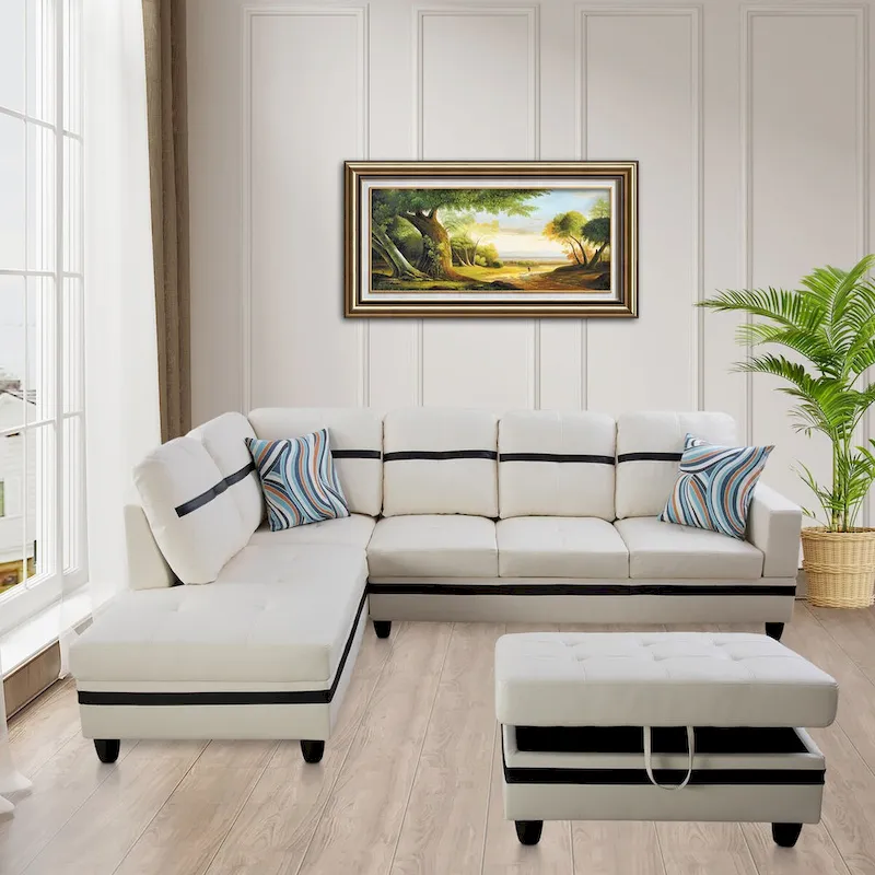 L-Shape Semi PU Leather Living Room Sofa Set with Ottoman,3-Piece