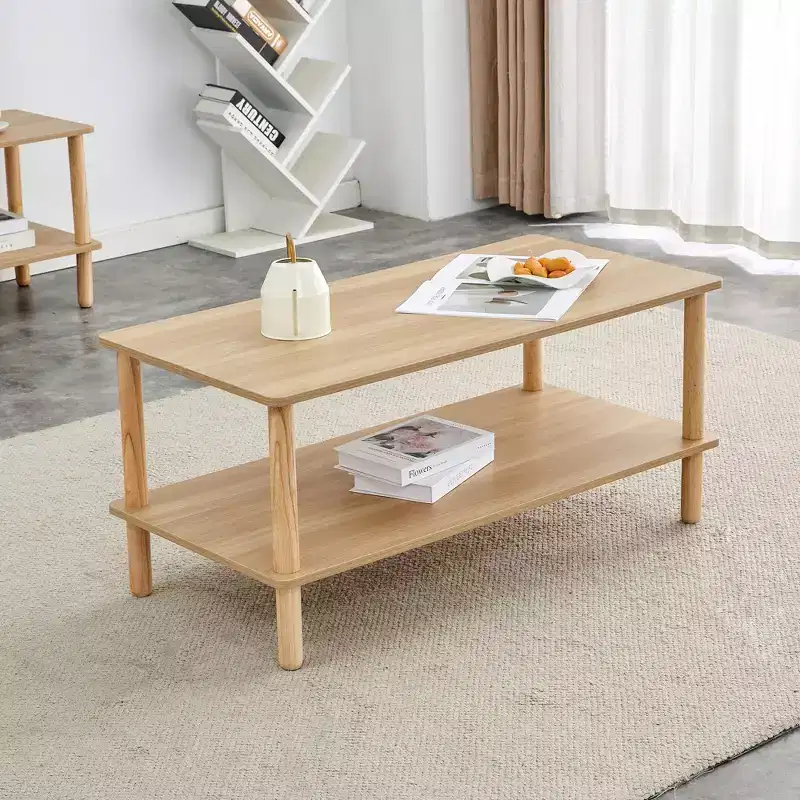 Modern 2-Tier Rectangular Coffee Table with Open Storage Shelf and Rounded Solid Wood Legs, Sofa Table for Living Room, Office, or Reception Area