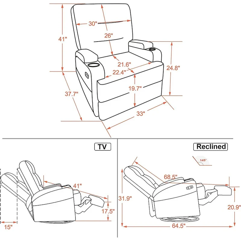 Electric Power Swivel Glider Recliner Chair with Heat and Massage, Fabric, Single Seat