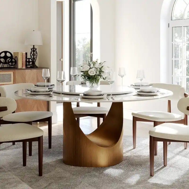 Modern Round Dining Table – White Sintered Stone Top & Bronze Carbon Pedestal