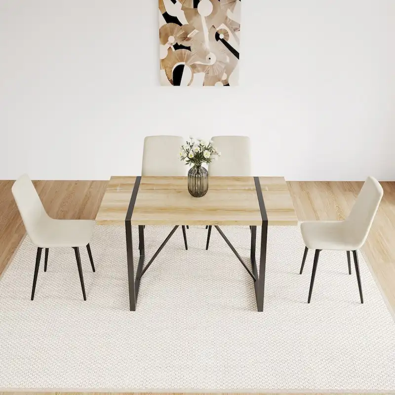 MDF Wood Colour Dining Table and Modern Dining Chairs Set of 4, Mid Century Wooden Kitchen Table Set, Metal Base & Legs