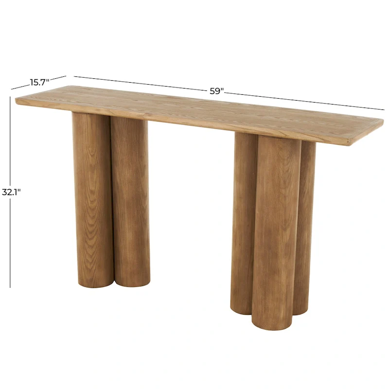 Brown handcrafted wooden console table with column legs