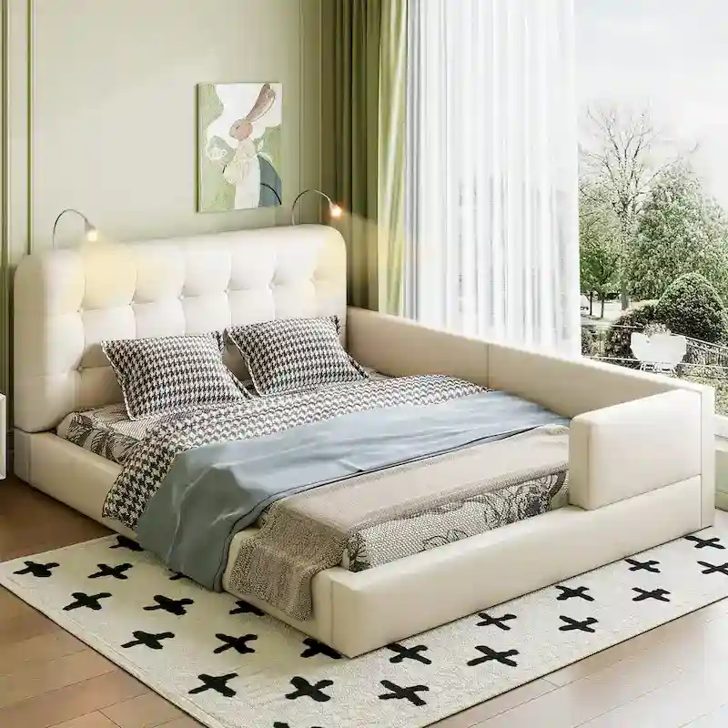 White/Black, Button Tufted, Queen – PU Leather Platform Bed with Reading Lights, Sleeps 2