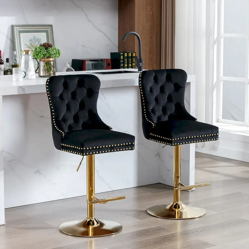 Thick Gold Velvet Swivel Bar Stool Adjustable Height Backrest