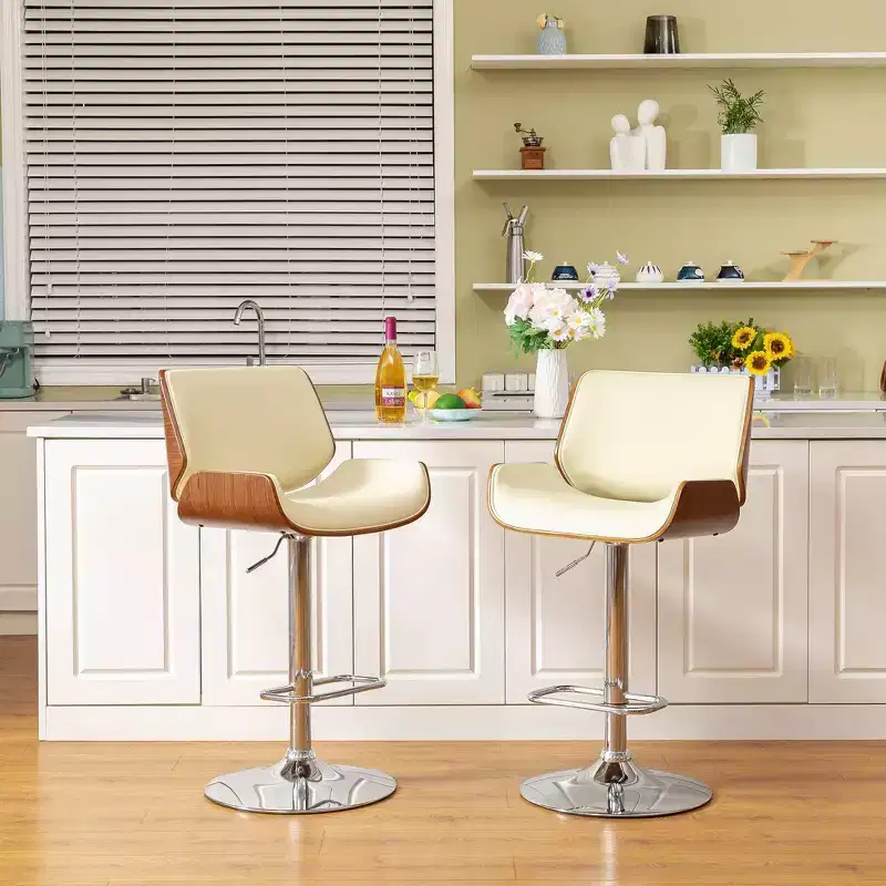 Set of 2 Leatherette Adjustable Height Swivel Bar Stools Chrome Plated Base - Glitzhome
