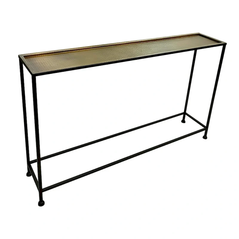 48 Inch Console Sofa Table with Hammered Antique Bronze Tray Top and Black Iron Frame