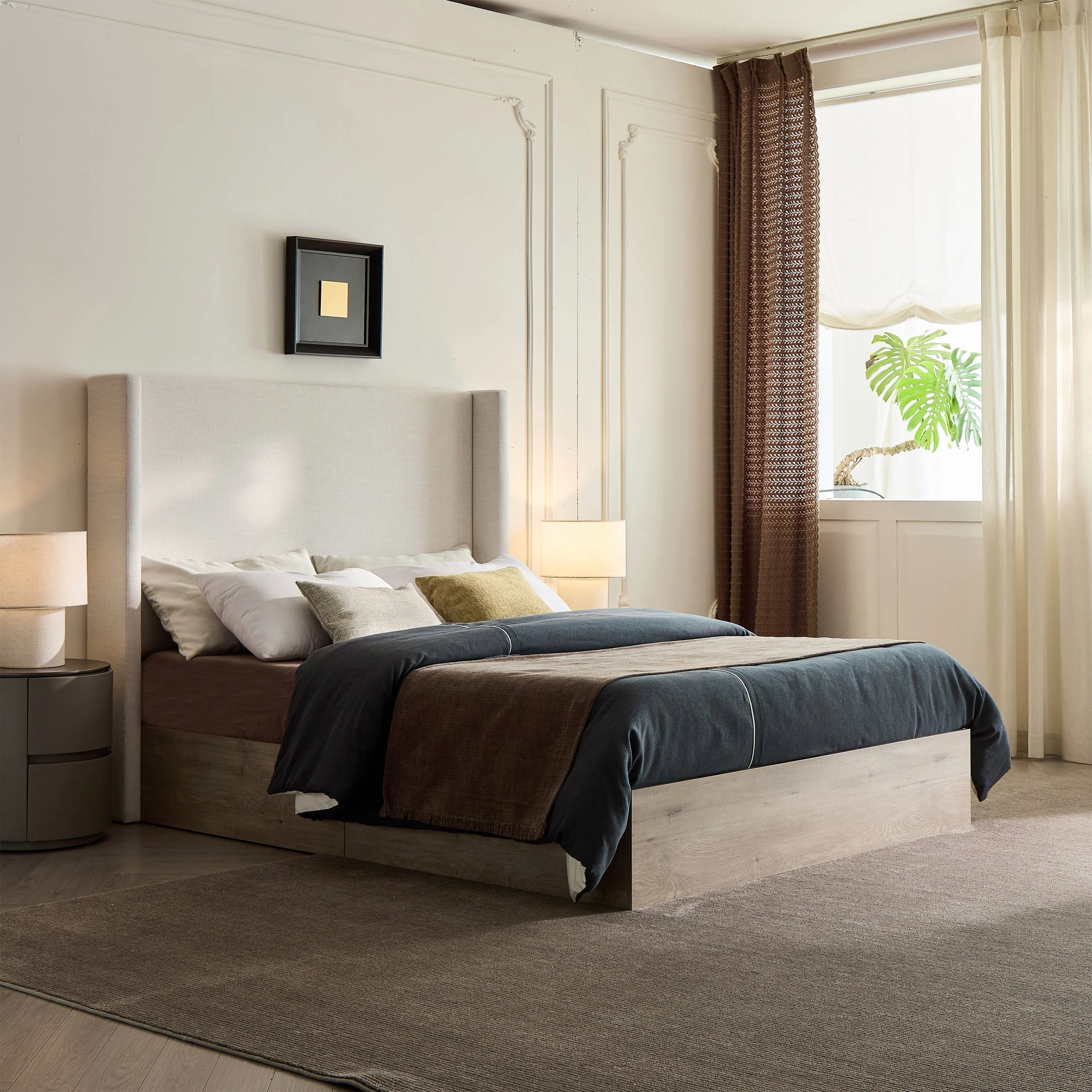 Walker Edison | Shelton 54' Queen Upholstered Wingback Bed and Wood Base