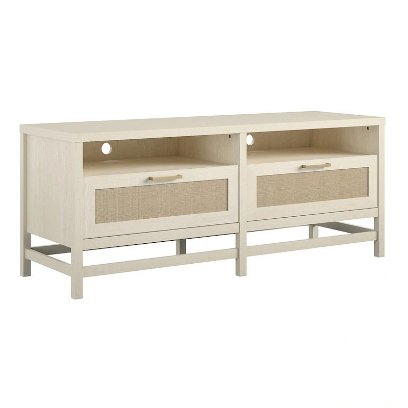 Boho Coastal TV Stand with Faux Rattan Drawers – Fits TVs up to 60