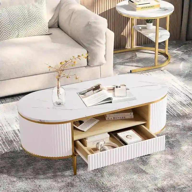 White Oval Coffee Table with Drawers – Modern Fluted Style, Seats 2–4