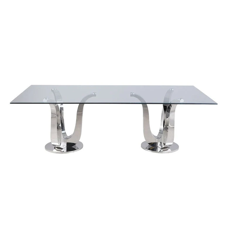 Rectangular Glass Dining Table - Double Tulip Pedestal Base (Silver)