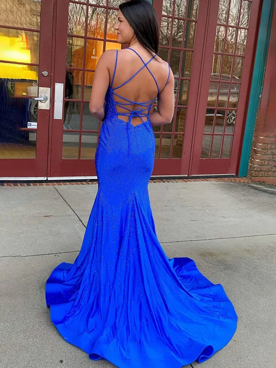 Sparkly Mermaid V Neck Beaded Satin Long Prom Dress