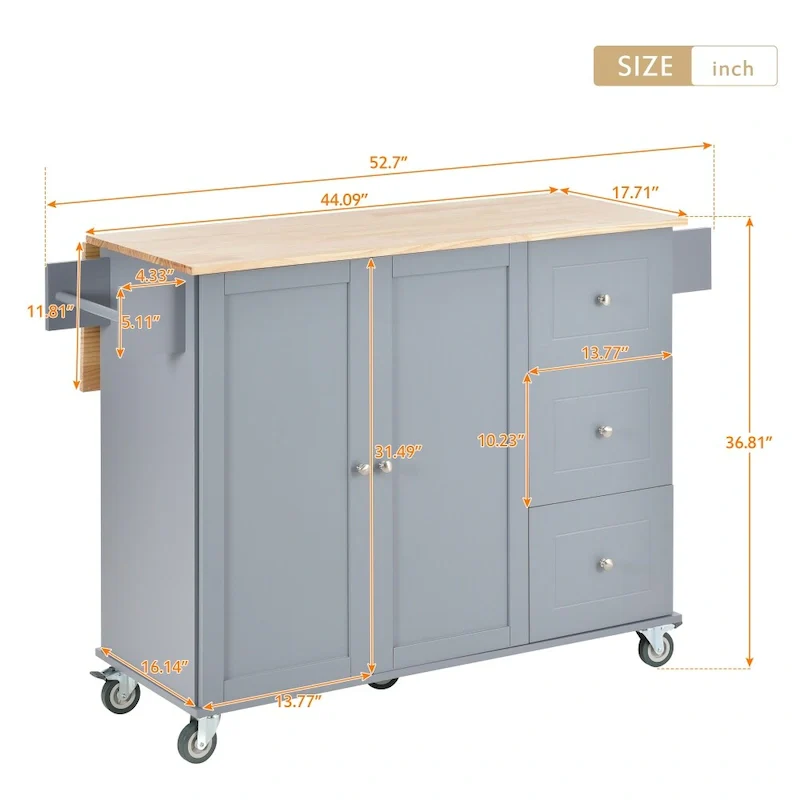 52.7 Rolling Mobile Kitchen Island with Solid Wood Top