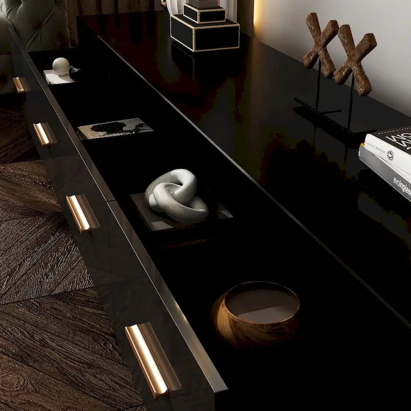 Black Entertainment Center Spacious Luxurious TV Stand Golden Accents