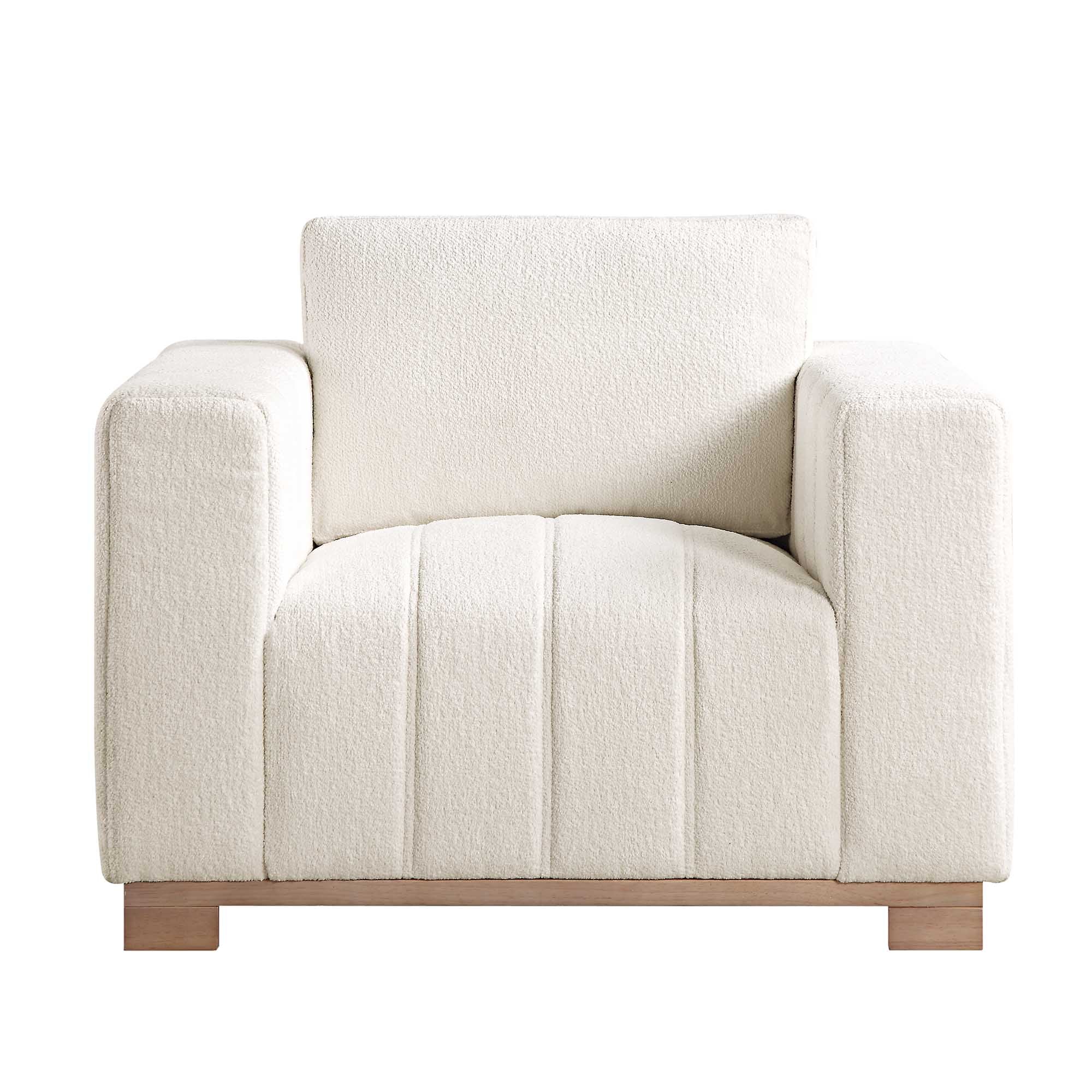Beige Boucle Sofa with Wooden Base, 1-Seater