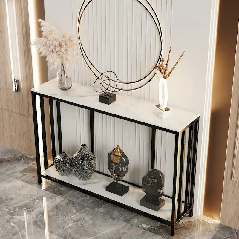 Black & White Sintered Stone Top 2-Tier Console Table with Metal Frame - Single Use