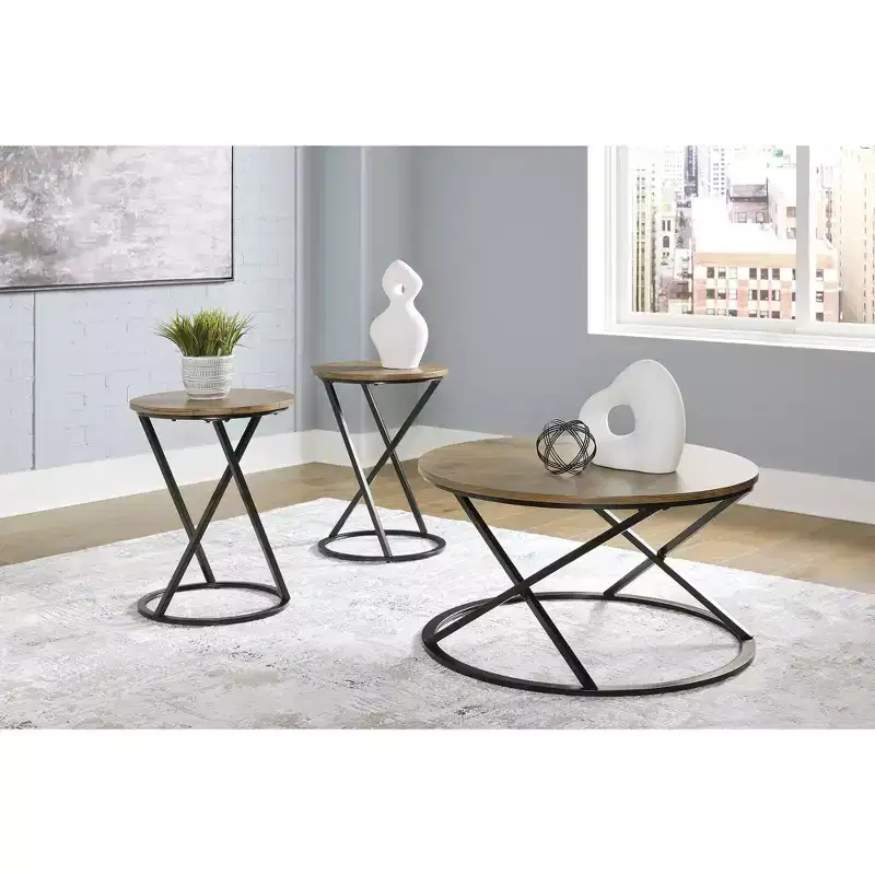 Signature Design by Ashley Cassbryn Occasional Table Set, Coffee Table and 2 End Tables, Brown Wood-Look Top with Black Metal Frame